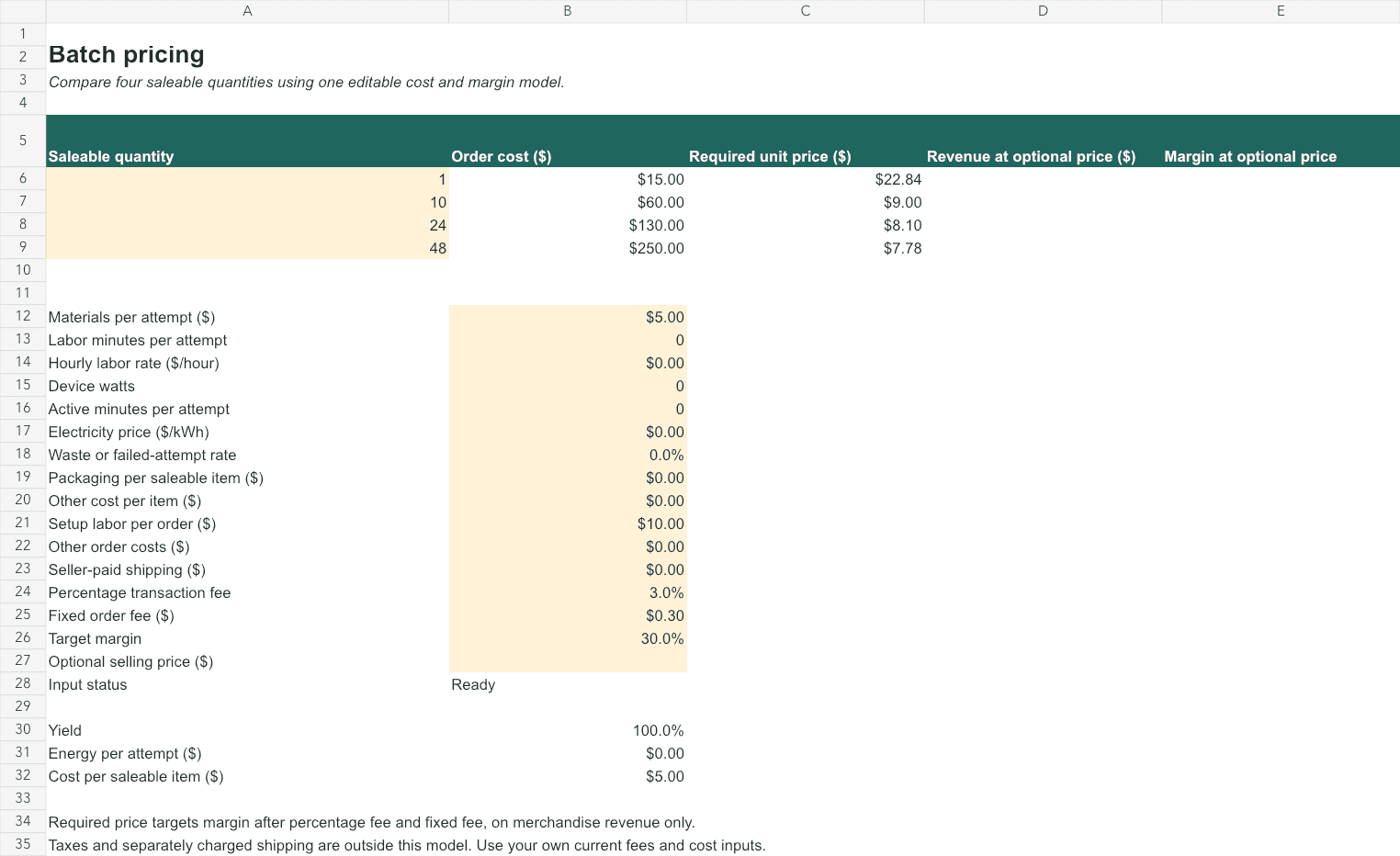 Preview of the batch pricing workbook