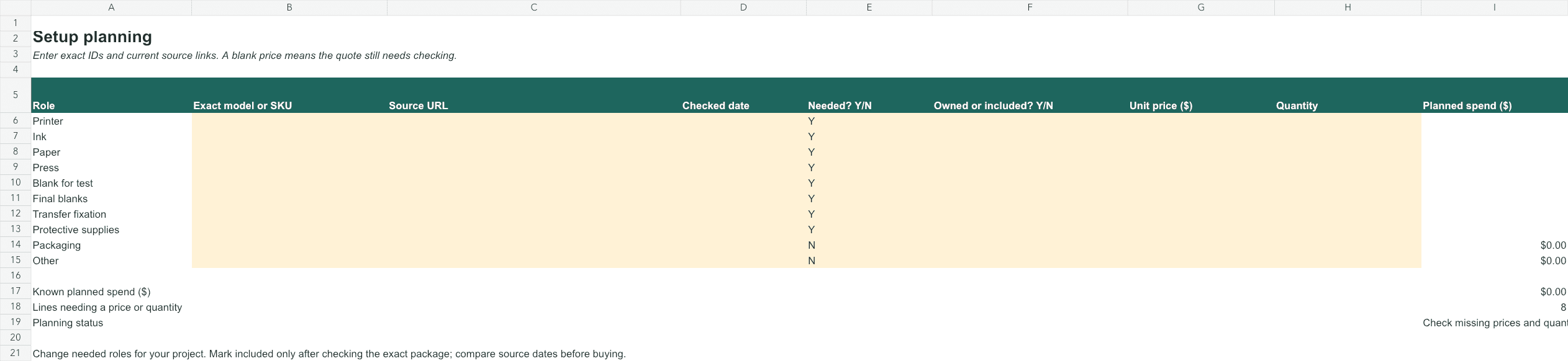 Preview of the setup planning workbook